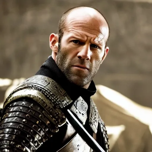 Image similar to an film still of jason statham as samurai, cinematic action