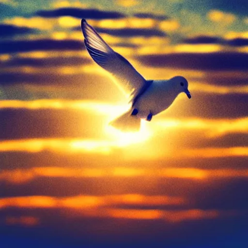 Image similar to Close-up realistic shot of a radiant shining white dove flying over the clouds at sunset, ethereal, vintage photograph, film grain, surreal, awe-inspiring, highly detailed, blue and orange color scheme