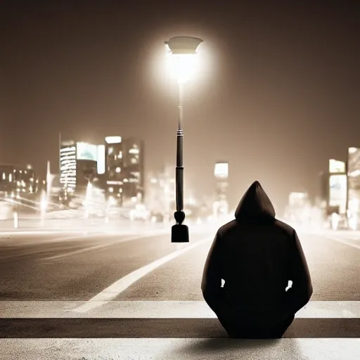 Image similar to anthropomorphic great white shark wearing a black hoodie and pants at night sitting alone underneath a single street light with a city of lights in the background, photorealistic, 8 k