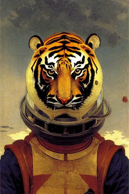 Image similar to portrait of a tiger astronaut with chinese dragon armor and helmet, majestic, solemn, by bouguereau