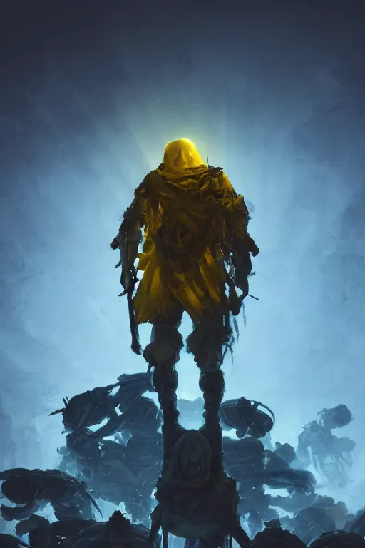 Prompt: A distant view shot from behind of a soldier with blue and yellow flag in his hand while he is standing on a huge pile of skulls in triumph after the battle, dark atmosphere, bright rays of light, beams of light, intricate, volumetric lighting, volumetric lights, highly detailed, smooth, artstation, concept art, сinematic lighting, insanely detailed, smooth, sharp focus, Artstation, 8k, unreal engine, hyper-realistic, bright background, moonlight, volumetric lighting, wallpaper, digital illustration