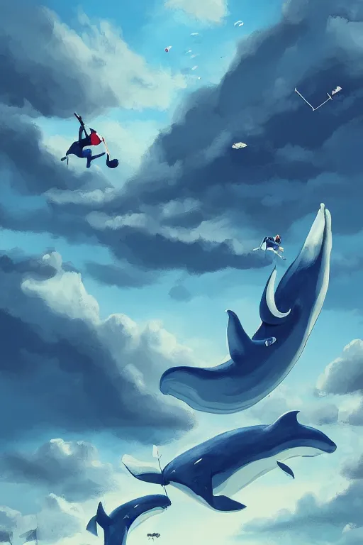 Image similar to people playing baseball while whales fly in the sky, digital art, artstation trending, digital painting