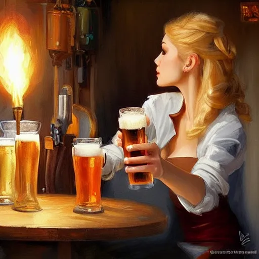 Prompt: blonde woman and Boba Fett drinking beer in a cellar, romantic, cozy, inviting, love, torches, painting by Vladimir Volegov