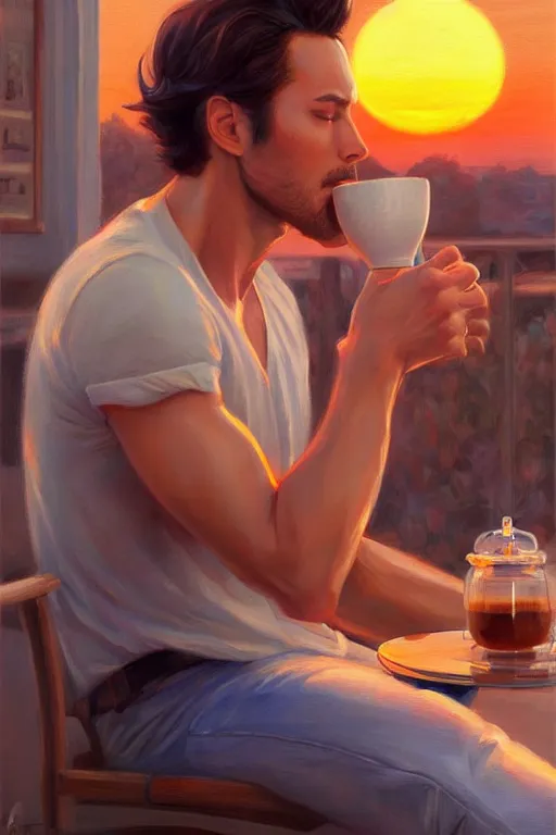 Image similar to attractive man drinking coffee, sunset, painting by jean giraud, vladimir volegov, ross tran, tom of finland, trending on artstation