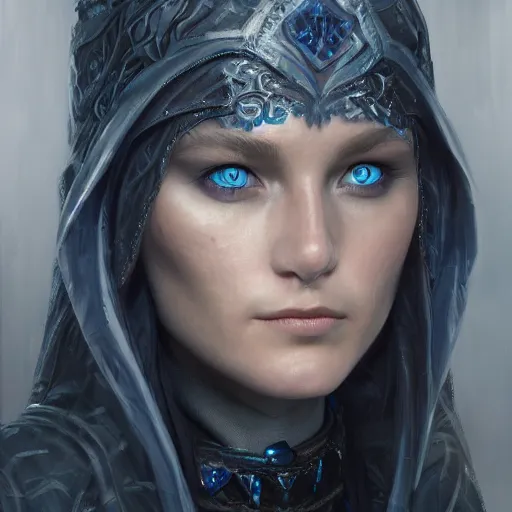 Image similar to beautiful female wizard, detailed face, blue eyes, black clothing, daughter of death, featured on artstation, 8k highly detailed, intricate oil painting, concept art