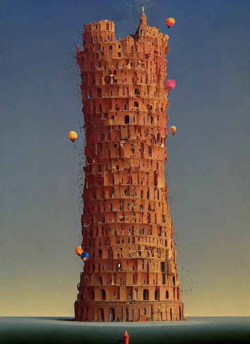 Prompt: tower of babel with birthday baloons Edward Hopper and James Gilleard, Zdzislaw Beksinski highly detailed