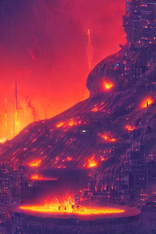 Image similar to a cyberpunk city in the crater of a volcano, lava flowing, smoke, fire, neon, industrial, by paul lehr