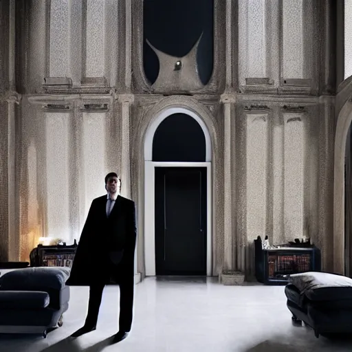 Image similar to Batman standing in giant Italian modern castle living room, clean minimalist design, that is 1300 feet tall, with very tall giant walls filled with modern art paintings, doors that are cosmic portals, photo by Annie Leibovitz