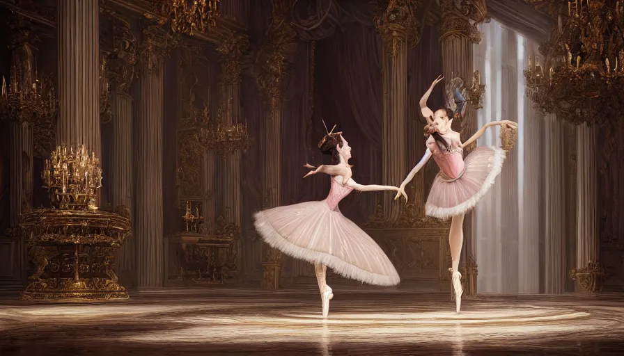 Image similar to the nutcracker and the ballerina dancing in an intricate detailed baroque room in the style of dark souls game series, hyperrealistic, breathtaking, octane render, epic composition, high resolution, Charlie Bowater, Tom Bagshaw, Norman Rockwell, insanely detailed and intricate, trending on artstation, masterpiece, 8k