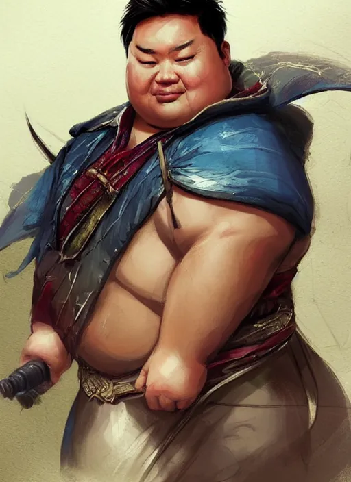 Image similar to slightly chubby asian man with medium black parted hair, dndbeyond, bright, colourful, realistic, dnd character portrait, full body, pathfinder, pinterest, art by ralph horsley, dnd, rpg, lotr game design fanart by concept art, behance hd, artstation, deviantart, hdr render in unreal engine 5