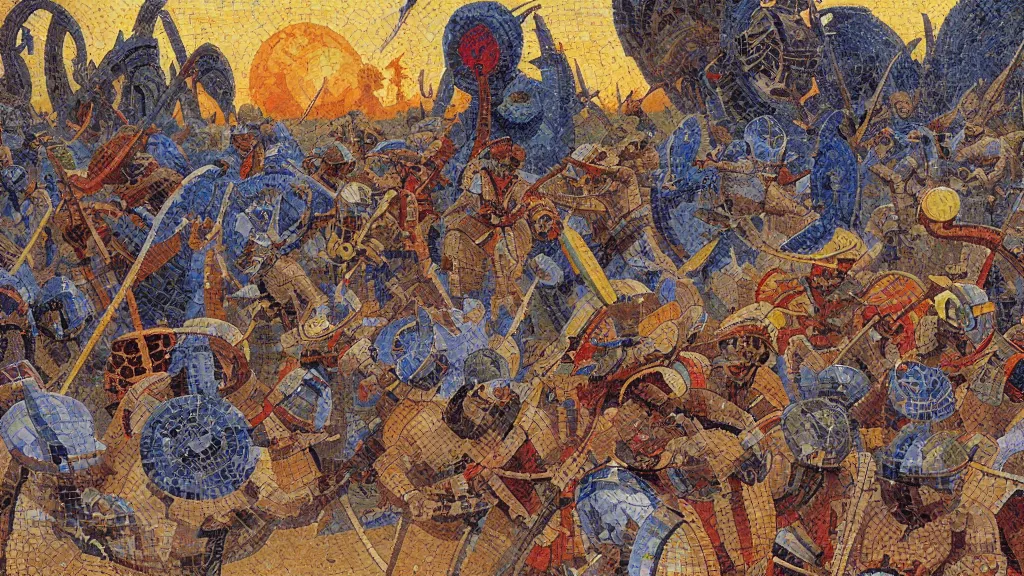 Image similar to A highly detailed mosaic of the Sumerians fending off the Old Ones by Jean Giraud