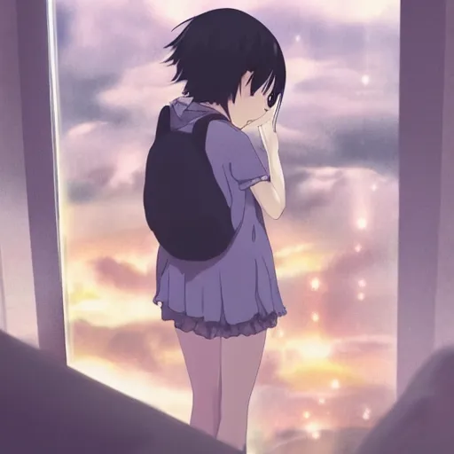 Prompt: a sad anime girl looking out at a humid and rainy sky