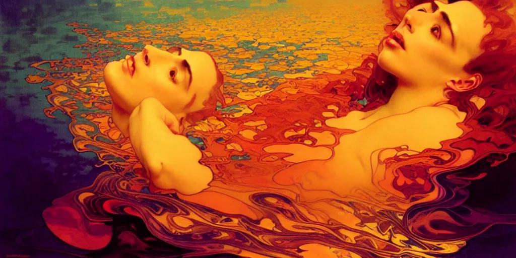 Image similar to transcendent mind bending indigo waves of glossy psychedelic liquid honey flowing like kaleidoscopic translucent amber, lsd waves, honey ripples, enlightenment, dramatic professional lighting, refracted sunset lighting, art by collier, albert aublet, krenz cushart, artem demura, alphonse mucha