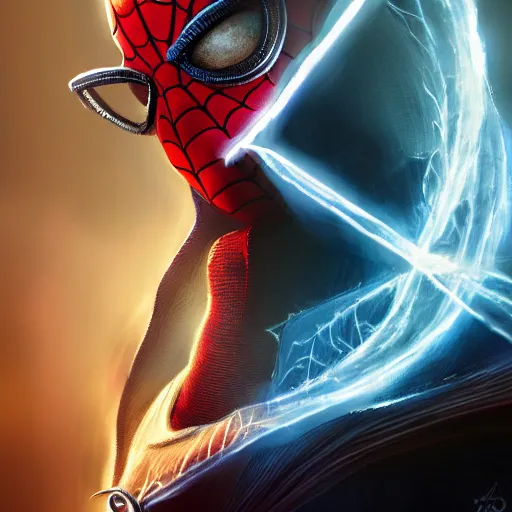 Image similar to spiderman as doctor strange, using his mystic arts, dynamic lighting, photorealistic fantasy concept art, trending on art station, stunning visuals, creative, cinematic, ultra detailed