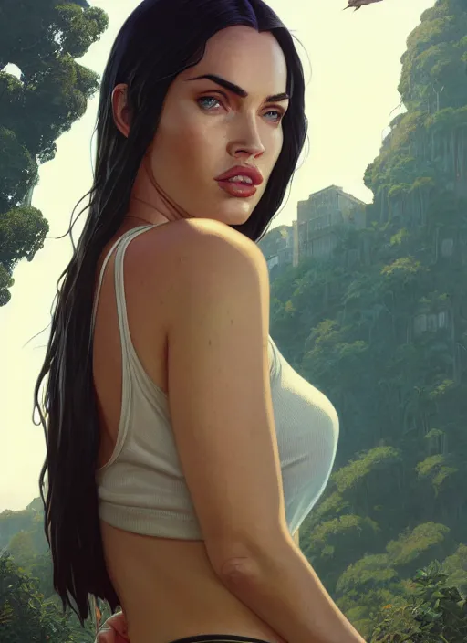 Prompt: highly detailed portrait of megan fox in gta v, stephen bliss, unreal engine, greg rutkowski, loish, rhads, beeple, makoto shinkai and lois van baarle, ilya kuvshinov, rossdraws, tom bagshaw, alphonse mucha, global illumination, god rays, detailed and intricate environment