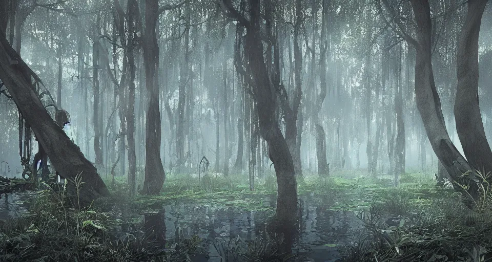 Image similar to A dense and dark enchanted forest with a swamp, by studio 4c