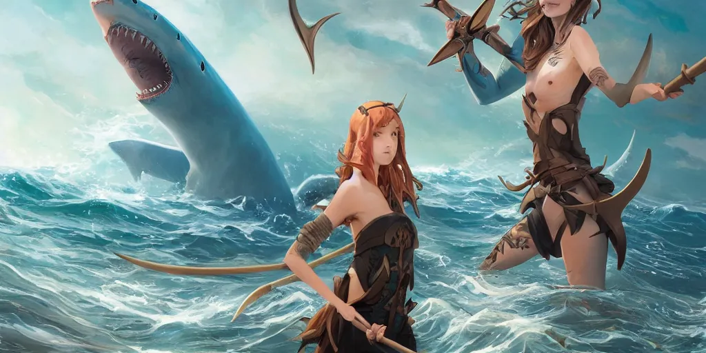 Image similar to close up of a extremely beautiful and aesthetic shark tooth girl holding a symmetrical trident on the horizon, perfect face, symmetric eyes, model pose, slightly smiling, sun set, big wave, big blade whale fighting against thorn sharks flying on the background, epic scene, fantasy illustrations, by peter mohrbacher and makoto shinkai and ferdinand knab