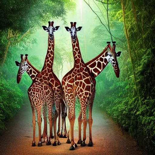 Prompt: god walking with a pair of giraffes through a rainforest