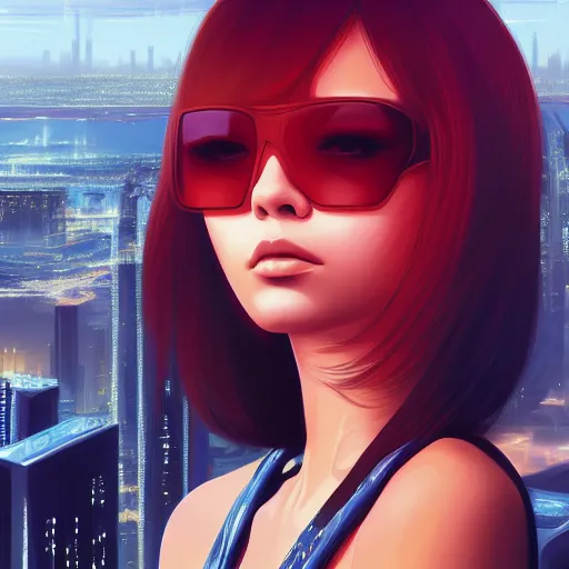 Image similar to a close up of a person with a city in the background, cyberpunk art by Ilya Kuvshinov, cgsociety, photorealism, ilya kuvshinov, cityscape, digital painting