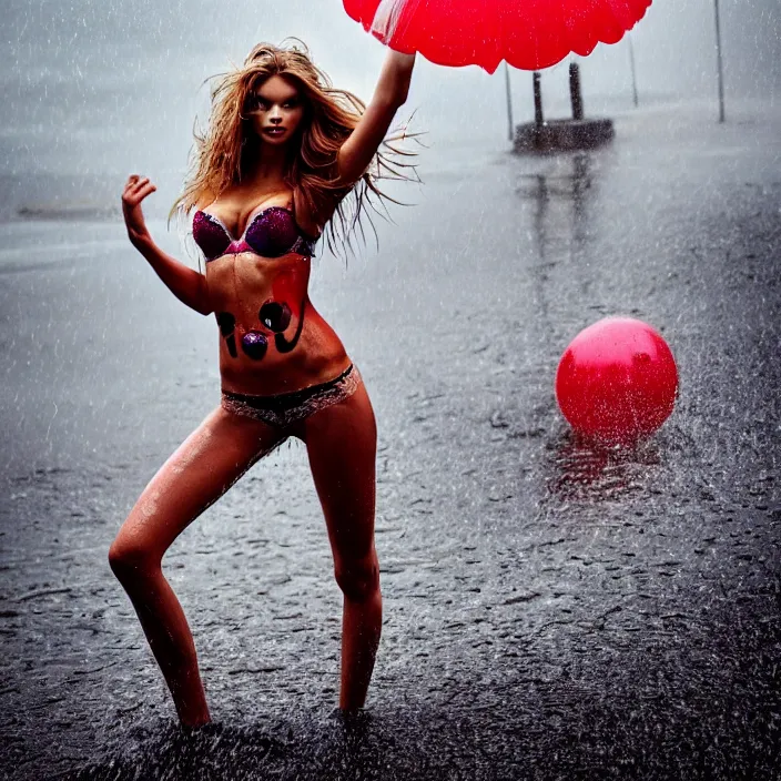 Image similar to fully body pose, photo of a very beautiful!! victoria secret model, clown, wet hair, raining, 8 k, hdr, smooth, sharp focus, high resolution, award - winning photo, trending on artstation, dslr, 5 0 mm