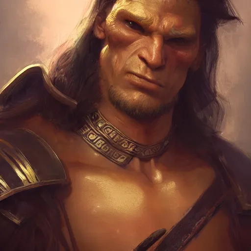 Prompt: character design, portrait of a attractive male orc, with long black hair and proeminent cheekbones, medieval, dark armor, painting by wlop, nixeu and greg rutkowski, beautiful, cgsociety, semirealism, artstation, octane render, sharpness, 8 k, golden ratio