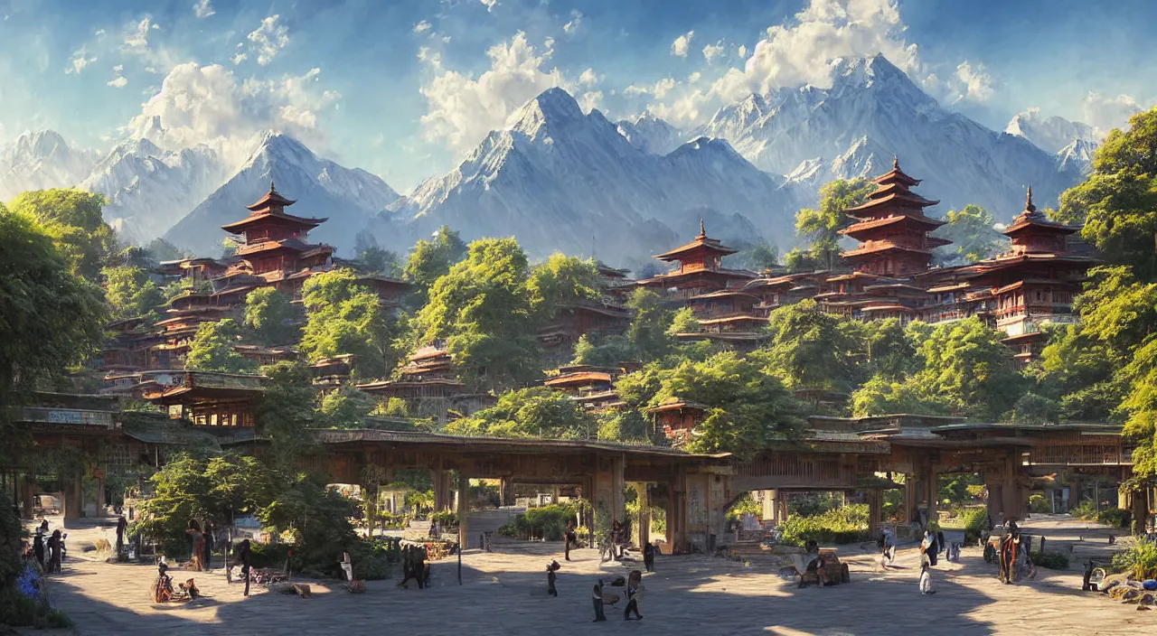 Image similar to retrofutristic city under kashmir mountains, wooden pagodas and mosques, little wood bridge, painting of tower ivy plant in marble late afternoon light, wispy clouds in a blue sky, by frank lloyd wright and greg rutkowski and ruan jia