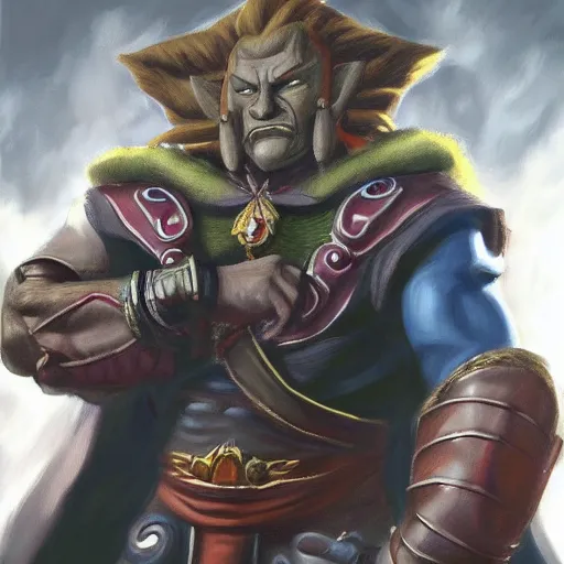 Prompt: An ultra-realistic portrait painting of Ganondorf from The Legend of Zelda in the style of Alex Ross. 4K. Ultra-realistic. Highly detailed. Epic lighting.