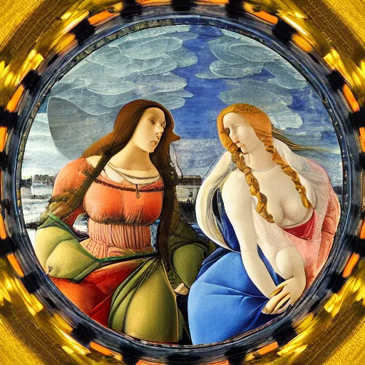 Prompt: an oil painting by botticelli seen through a kaleidoscope