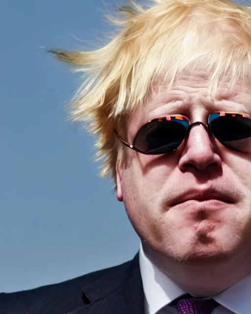 Prompt: Photo portrait of Boris Johnson with facial tattoos, dyed hair and sunglasses