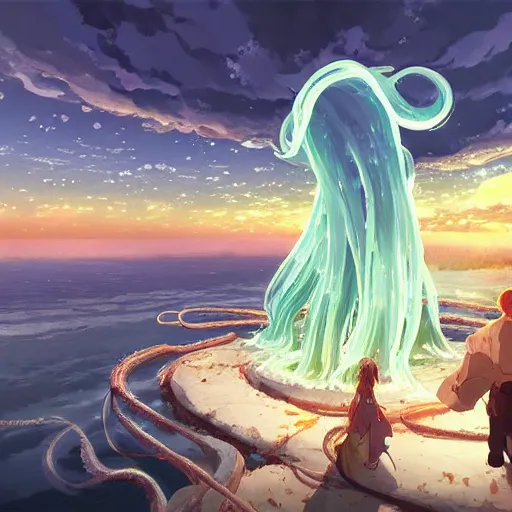 Image similar to Spaghetti with luminous squid smelt and giant squid meat, fantasy art, natural, illustration, art by Makoto Shinkai