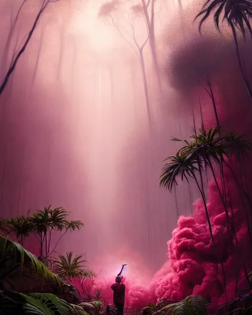 Image similar to a hyper - detailed 3 d render like an oil painting of tribe member portrait in a tropical forest with pink smoke!!!!! surreal concept art, lifelike, photorealistic, digital painting, aesthetic, smooth, sharp focus, artstation hd, by greg rutkowski, bruce pennington, valentina remenar, rhads, asher duran,