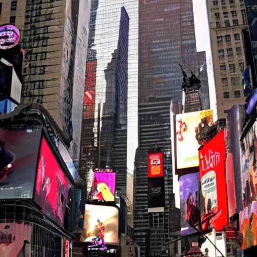 Prompt: looking up at a huge cyborg ant in times square, movie still