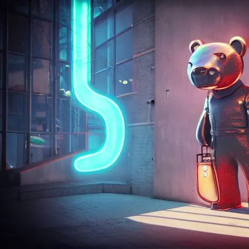 Prompt: photo of a futuristic steampunk bear in a city with neon signs raytraced textured dramatic