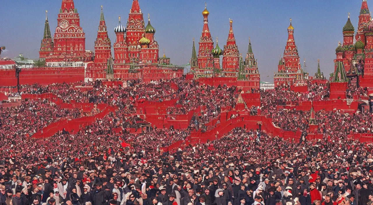 Prompt: red square victory day in moscow during the soviet union, art, high detail, high definition, photorealistic, old vhs,