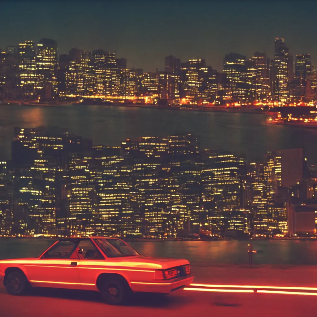 Image similar to 8 0 s neon movie still, portrait of a single car by the river with city in background, medium format color photography, blurred background, movie directed by kar wai wong, hyperrealistic, photorealistic, high definition, highly detailed, tehnicolor, anamorphic lens