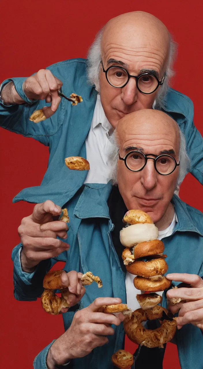 Image similar to larry david eating a bagel. style of a basquiat painting. hyper - realistic, 8 k, hd