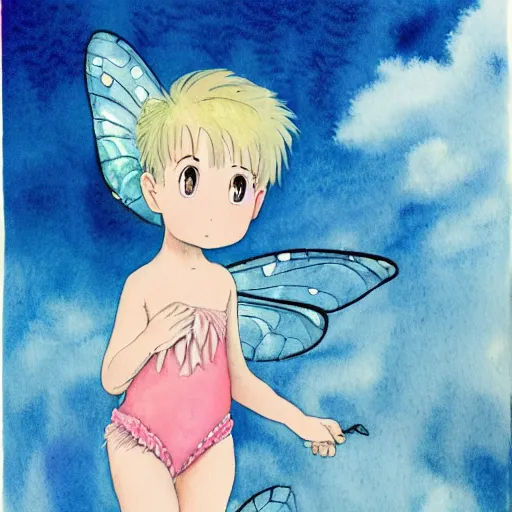 Image similar to award winning watercolor of a 3 0 year old auburn - headed fairy in short pigtails wearing a sparkly baby pink swimsuit with blue translucent dragonfly wings, against a cloudy blue sky backdrop, by hayao miyazaki