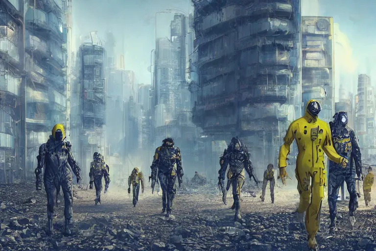 Prompt: humans with protection suits walking in cyberpunk apocalypse doomsday city with yellow poison gas, post nuclear coastline, fantasy concept art, hyper realistic illustration, symetrical complex fine detail, 8 k, sinister, artstation, unreal engine,