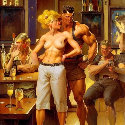 Prompt: attractive muscular aliens with brunet hair and attractive muscular alien with blond hair. pants and shorts, drinking their hearts out, in a pub. very defined and detailed painting by j. c. leyendecker, gaston bussiere, craig mullins 8 k