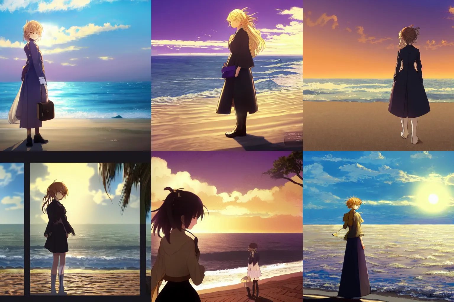 Prompt: high detail digital art of violet evergarden holding her briefcase and standing at the beach looking into the setting sun over the ocean, tranquil, calm, melancholic, trending on artstation, in the style of kimi no na wa and kyoto animation