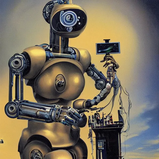 Image similar to robot artist painting a self - portrait on a canvas. intricate, highly detailed, digital matte painting in the style of alberto vargas and in the style of chris foss. irony, recursion, inspiration.