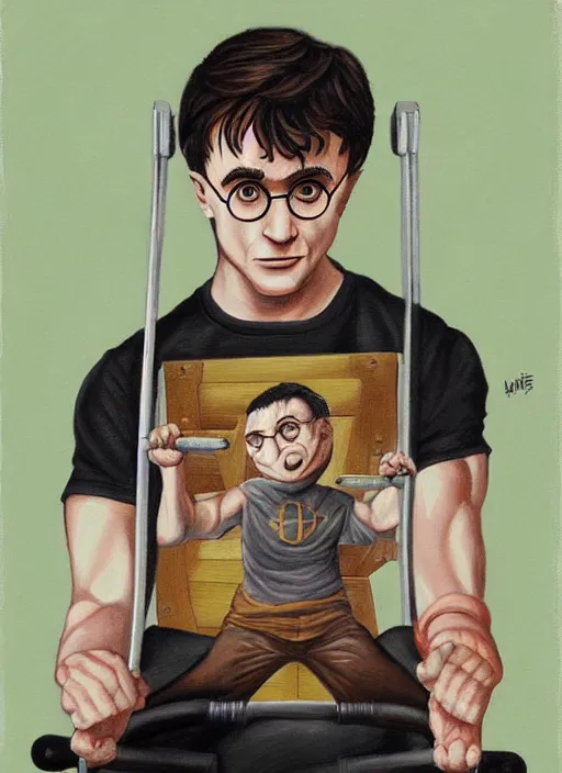 Image similar to a painting of Harry Potter doing barbell back squats, dingy gym, wearing a muscle tee shirt, an ultrafine detailed painting by Mark Ryden, trending on deviantart, pop surrealism, whimsical, lowbrow, grotesque