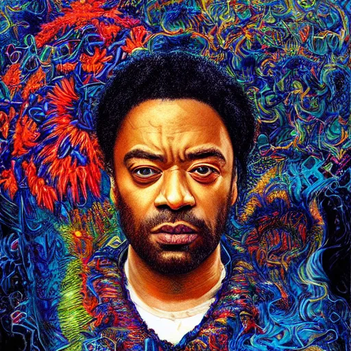 Image similar to portrait of chiwetel ejiofor, hyper detailed masterpiece, neon floral pattern, jean giraud, digital art painting, darkwave goth aesthetic, psychedelic, artgerm, donato giancola and tom bagshaw