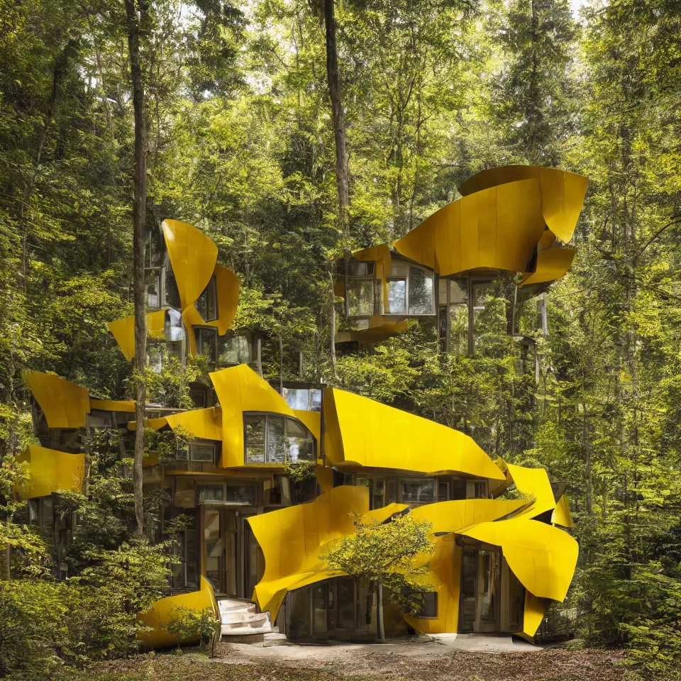 Image similar to a small flat house in the forest, designed by Frank Gehry. Big Tiles. Film grain, cinematic, yellow hue