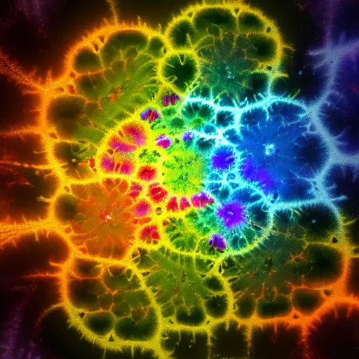 Prompt: a hyperrealistic 3D render of tie dyed Mandelbrot fractals, 8k, 4K, glowing, neon, octane render, photorealistic