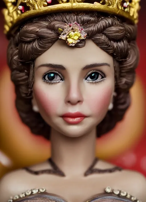 Image similar to closeup face profile portrait of tin toy lena olin as a fairytale princess wearing a crown eating cakes, bikini, depth of field, zeiss lens, detailed, symmetrical, centered, fashion photoshoot, by nicoletta ceccoli, mark ryden, lostfish, breathtaking, 8 k resolution, extremely detailed, beautiful, establishing shot, artistic, hyperrealistic, octane render