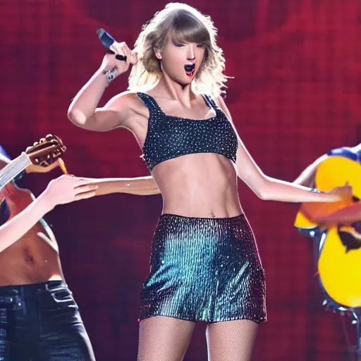 Image similar to Taylor Swift performing at a beach, highly detailed