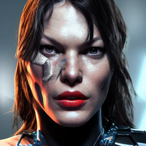 Image similar to Mila Jovovich as spiderwoman terminator , muscle extremely detailed, fantastic details full face, mouth, trending on artstation, pixiv, cgsociety, hyperdetailed Unreal Engine 4k 8k ultra HD, WLOP
