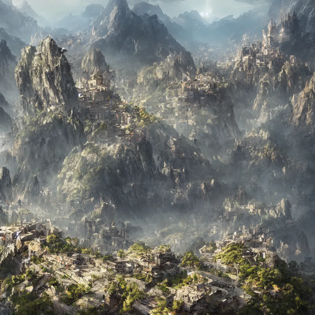 Image similar to a great city on the side of a mountain by Greg Rutkowski, Sung Choi, Mitchell Mohrhauser, Maciej Kuciara, Johnson Ting, Maxim Verehin, Peter Konig, final fantasy , 8k photorealistic, cinematic lighting, HD, high details, atmospheric , trending on artstation