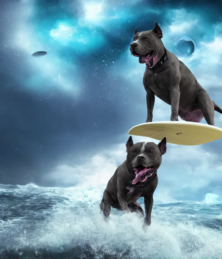 Image similar to photo of a dark gray coat pit bull with a white paws and a white nose!, surfing on a surfboard in a crashing wave of alien galaxy, trending on art station, ocean in space, background is an alien galaxy, aliens in the background, alien colors, octane render, unreal engine, wide view, 8 k, highly detailed